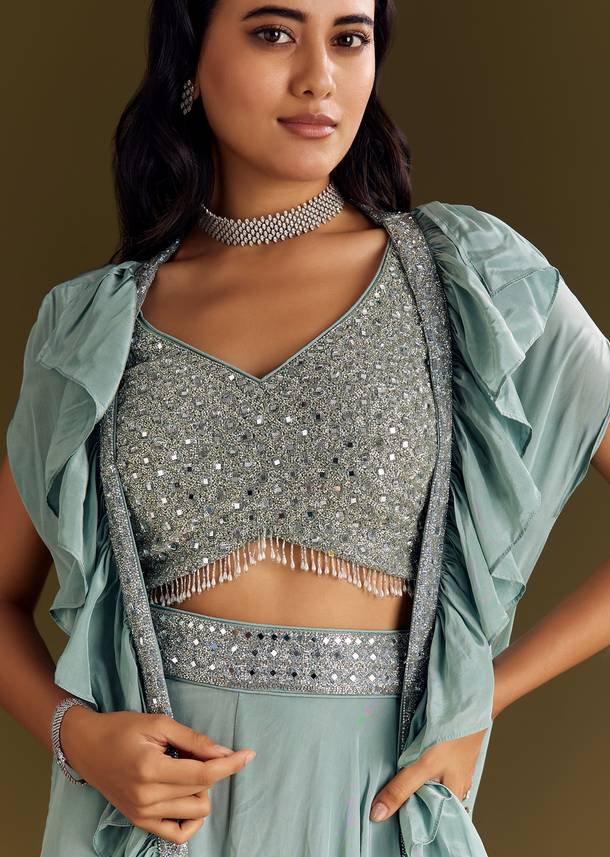 Ice Blue Crepe Croptop And Palazzo Set With Ruffled Jacket