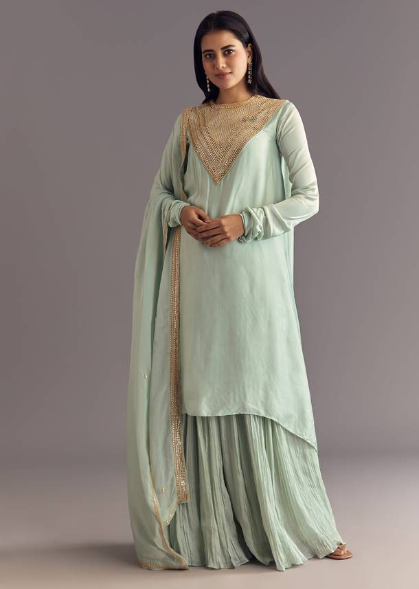 Satin Asymmetrical Kurta Set With Moti And Sequins Dupatta