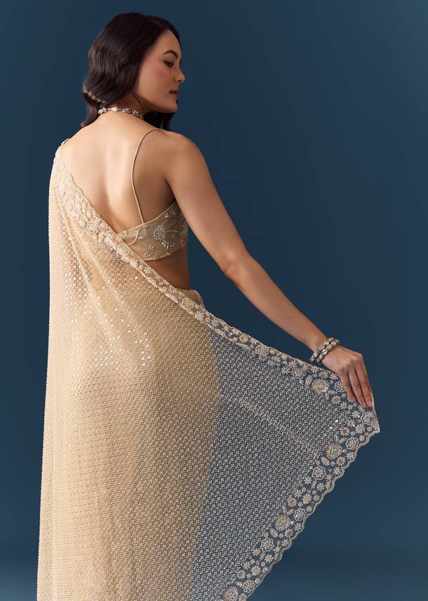 Gold Net Jaal Bead Work Saree with Unstitched Blouse