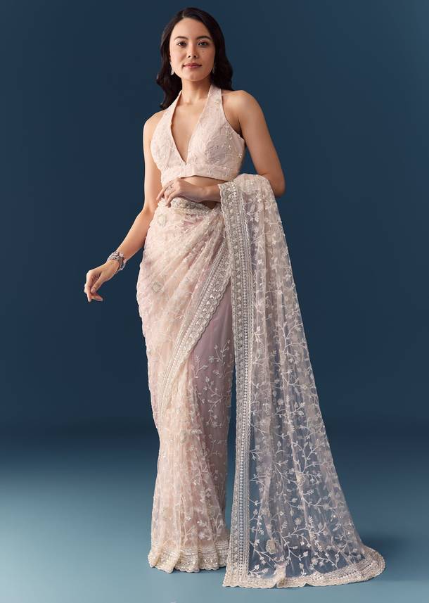 Pink Net Jaal Resham Work Saree with Unstitched Blouse