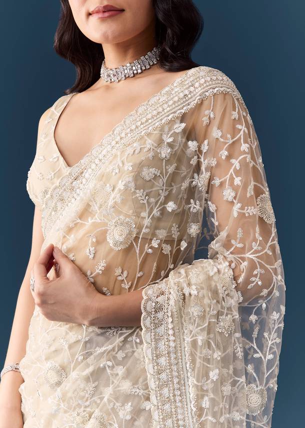 Off White Net Jaal Embellished Saree with Unstitched Blouse