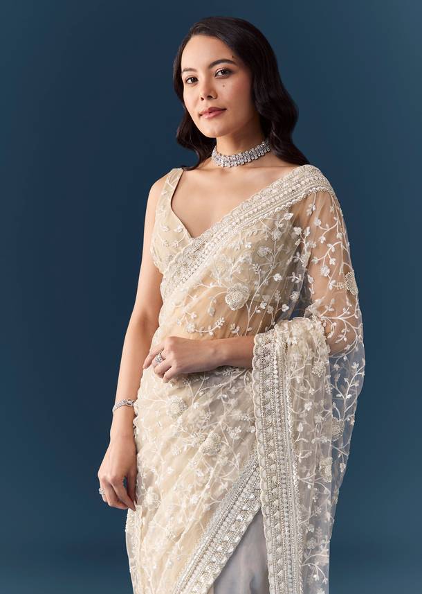 Off White Net Jaal Embellished Saree with Unstitched Blouse