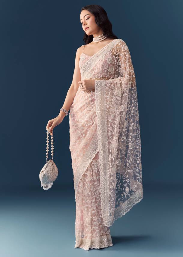 Pink Net Jaal Resham Saree with Unstitched Blouse