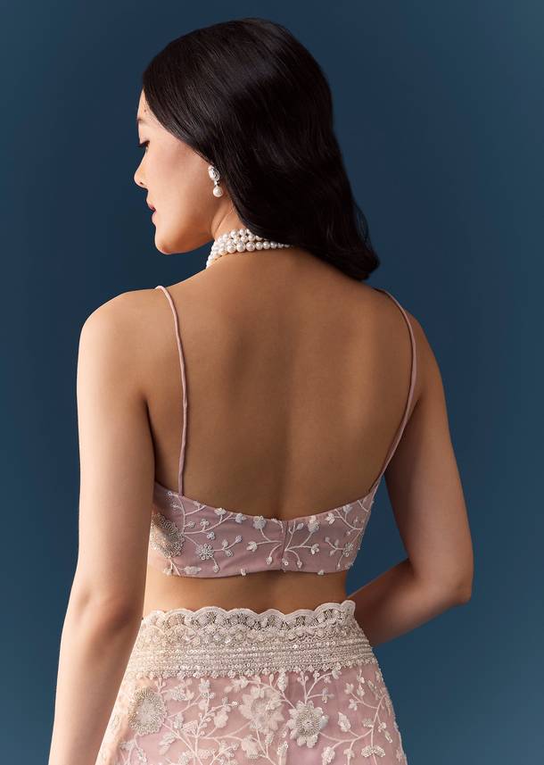 Pink Net Jaal Resham Saree with Unstitched Blouse