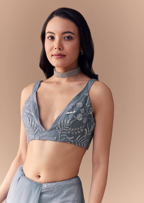 Blue Grey Net Sequin Floral Work Saree with Unstitched Blouse