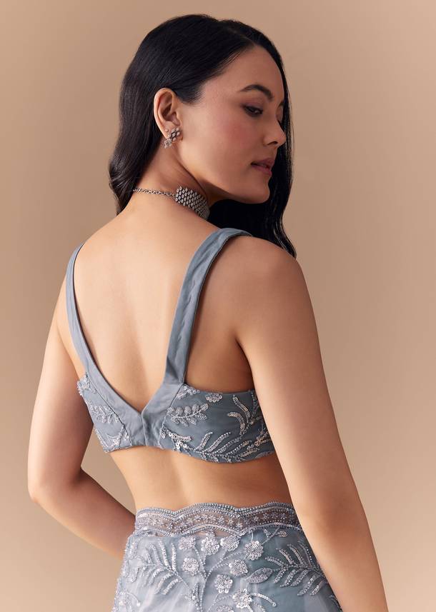 Blue Grey Net Sequin Floral Work Saree with Unstitched Blouse