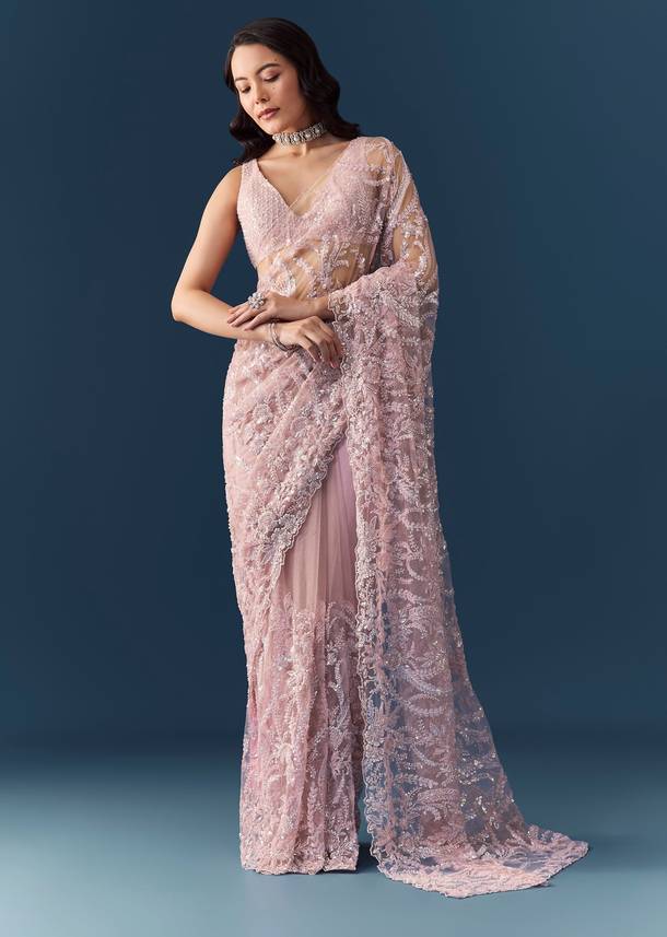 Pink Net Floral Jaal Work Saree with Unstitched Blouse