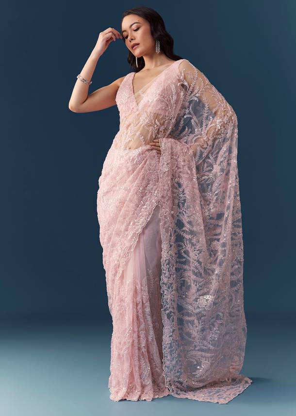 Peach Net Floral Jaal Cutwork Saree with Unstitched Blouse