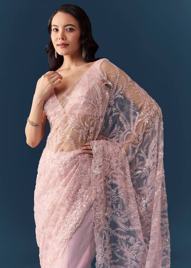 Peach Net Floral Jaal Cutwork Saree with Unstitched Blouse