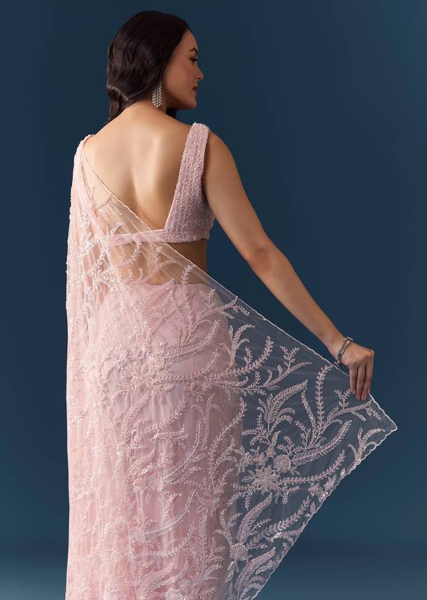 Peach Net Floral Jaal Cutwork Saree with Unstitched Blouse