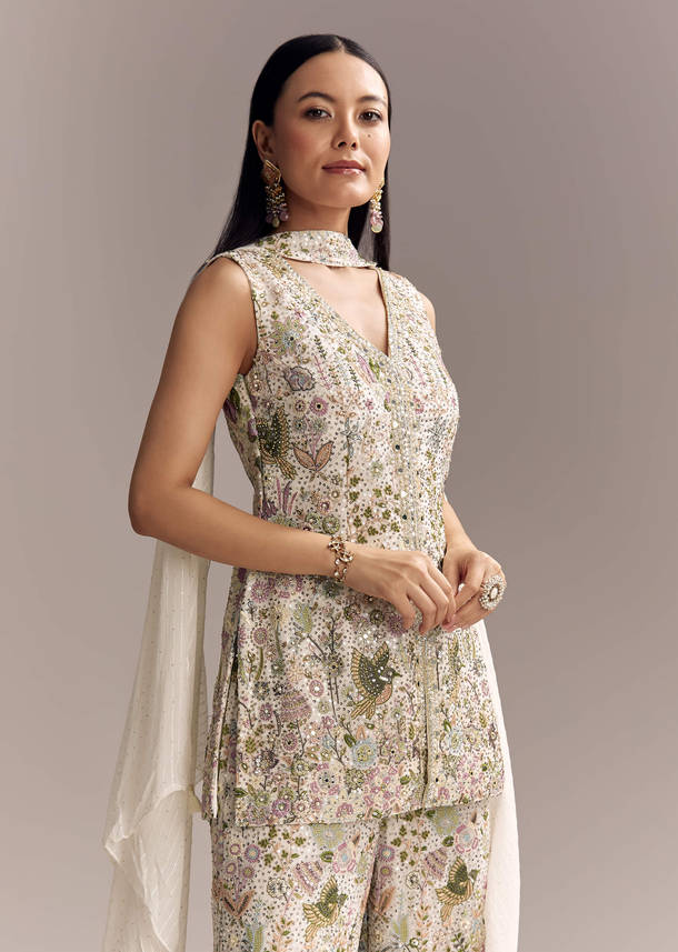 White Georgette Palazzo Suit With Sequins And Resham Embroidery