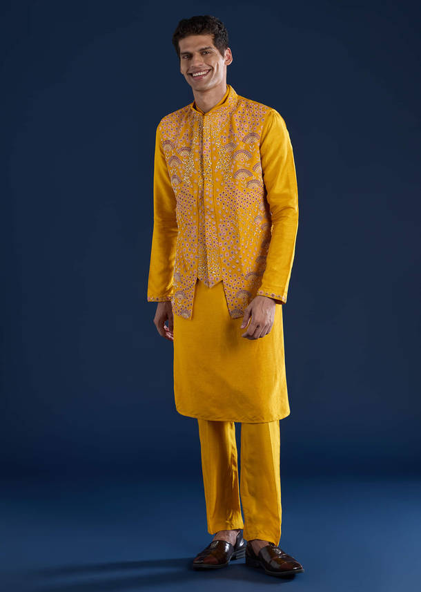 Yellow Banarasi Silk Jacket Kurta Set with Zardozi Work