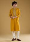 Mustard Yellow Silk Kurta Set With Thread Detail Work