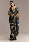Black Crepe Saree With Floral Digital Print And Embroidered Border