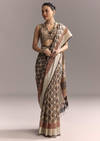Cream Linen Saree With Black Hand Block Ajrakh Print