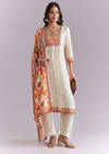 Cream Silk Kurta Set With Ikat Style Print
