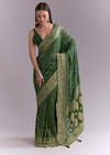 Green Georgette Bandhani Saree With Butti And Floral Border