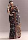 Grey Linen Saree With Authentic Ajrakh Print And Kantha Work