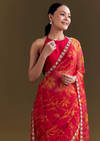 Red Organza Saree With Cutdana Beads And Botanical Print