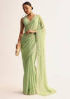 Mint Green Scallop Bordered Saree With Foil Printed Stripes