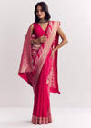 Pink Satin Saree With Zari Vine Design