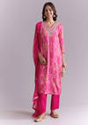 Pink Silk Kurta Set With Bandhani Print And Embroidery