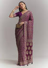 Purple Banarasi Georgette Embroidered Saree With Heavy Hand Embroidery