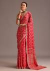 Red Traditional Ajrakh Print Satin Saree With Embellished Scallop Border And Unstitched Blouse