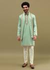 Pista Green Kurta Set In Resham Work With Dupatta For Men