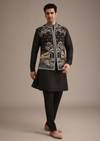 Black Hand Embellished Mirror Work Jacket And Kurta Set In Silk