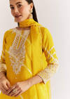 Yellow Silk Leheriya Kurta Set With Moti Work