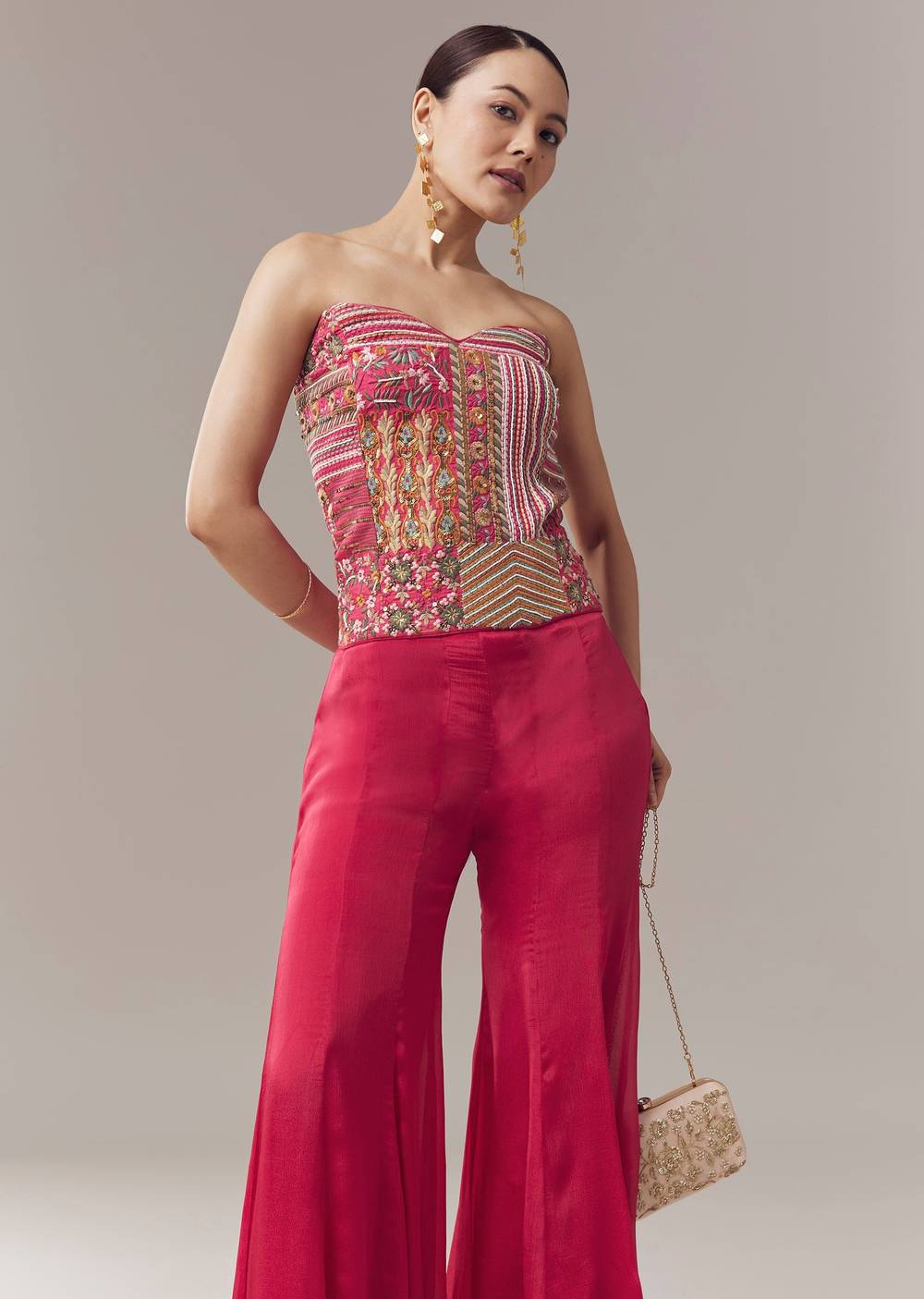 Pink Corset Crop Top And Pants Set With Thread And Sequins Work