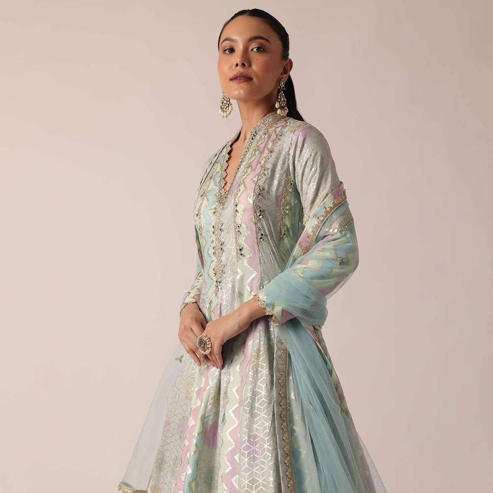 Aqua Blue Chanderi Anarkali Set With Brocade Detail