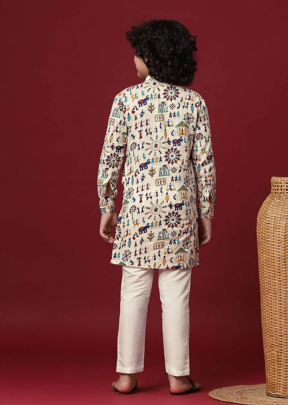 Beige Silk Printed Kurta Set For Boys