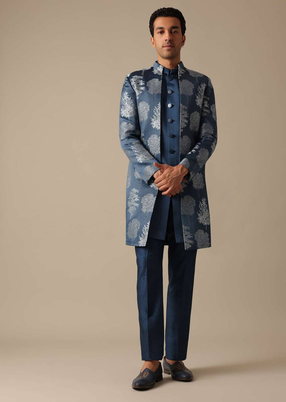 Blue Jacquard Foil Print Indowestern Achkan And Jacket Set
