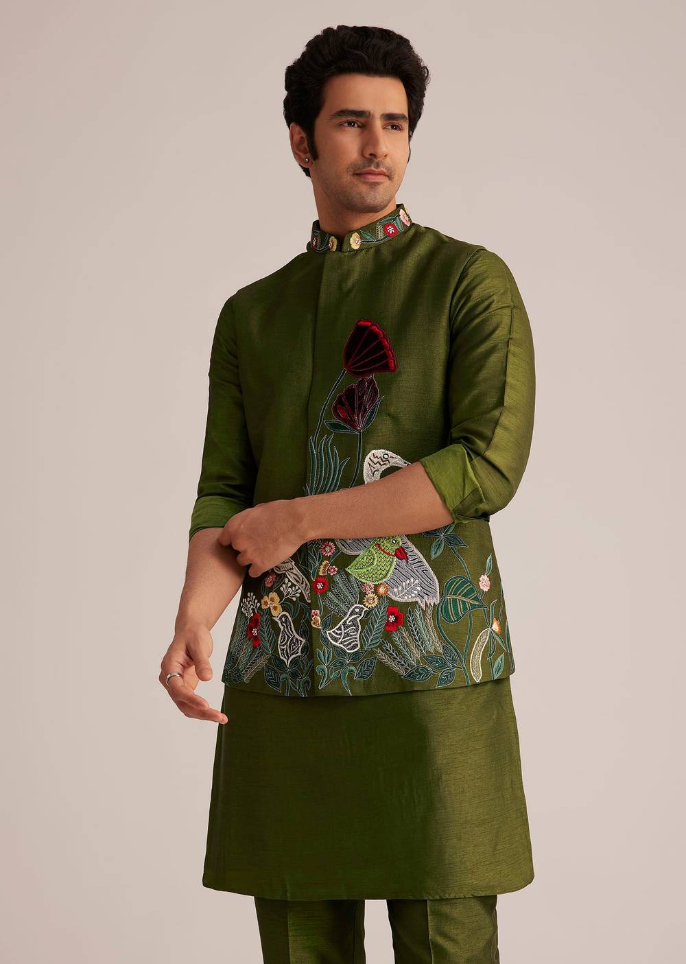 Green Embroidered Nehru Jacket With Bird Detailing