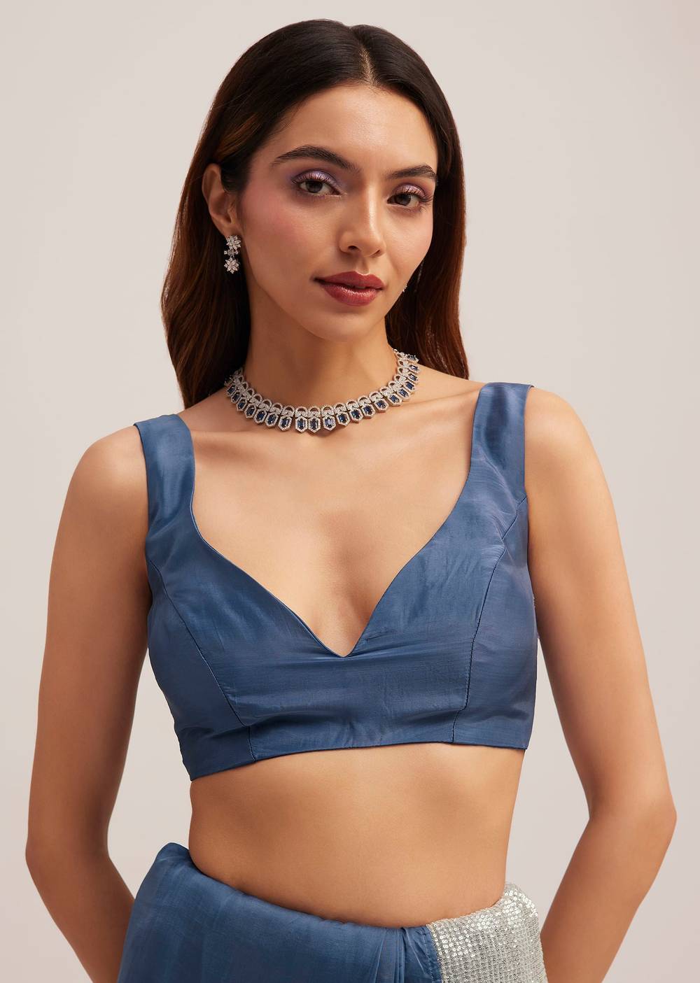 Navy Blue Dual Shaded Sequins Saree With Scalloped Border