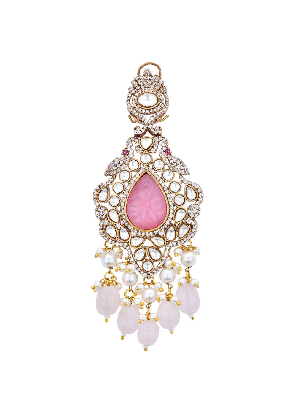 Pink Long Pendant Necklace Set With Mossanite Motif