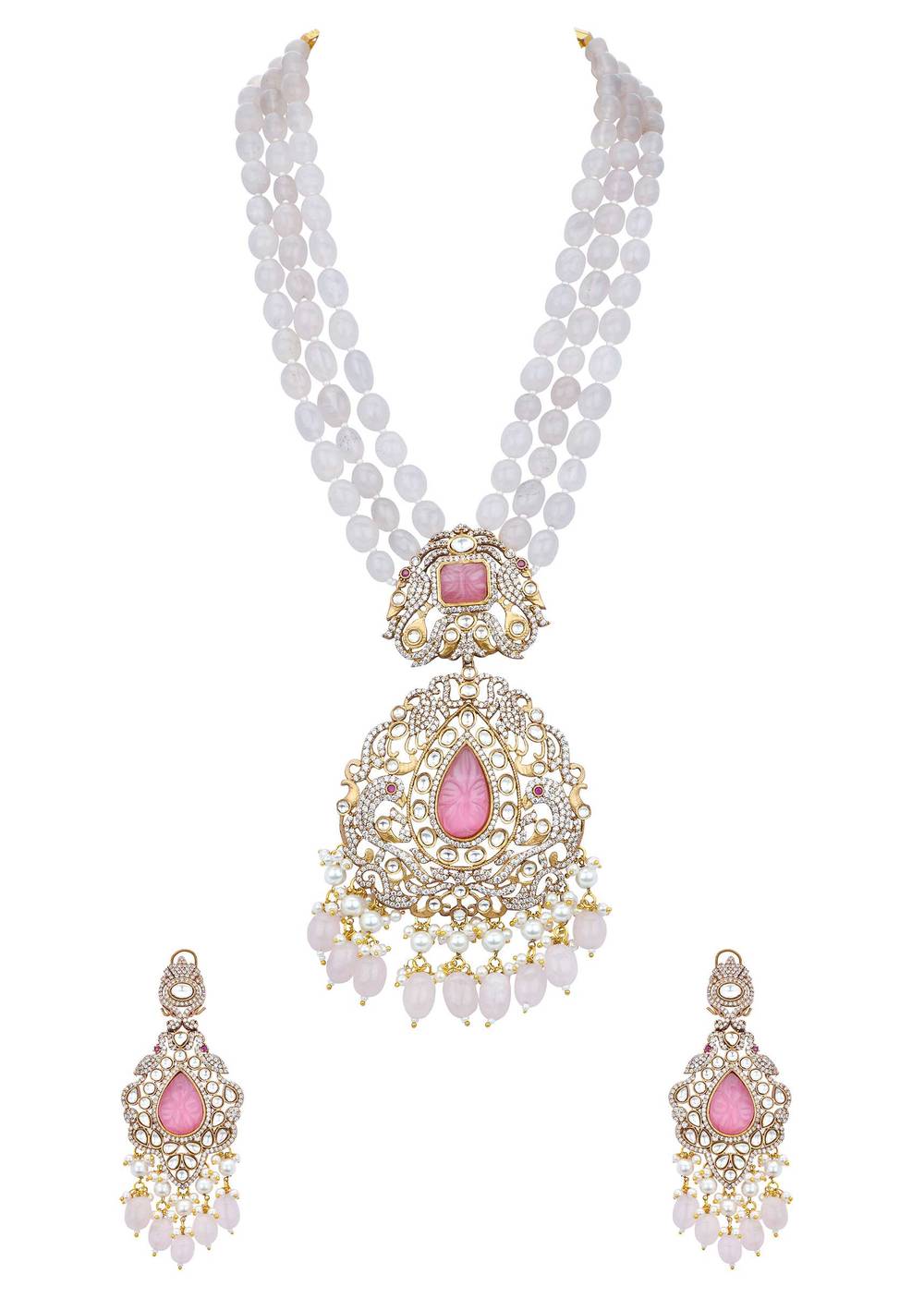 Pink Long Pendant Necklace Set With Mossanite Motif