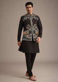 Black Hand Embellished Mirror Work Jacket And Kurta Set In Silk