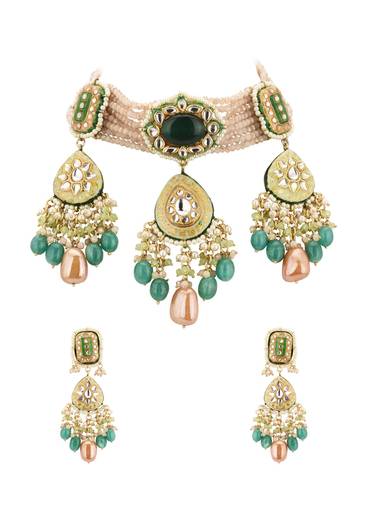Multicolor Gold-Finish Kundan Choker Necklace Set With Colourful Meenakari Work And Drop-Stones In Mix Metal