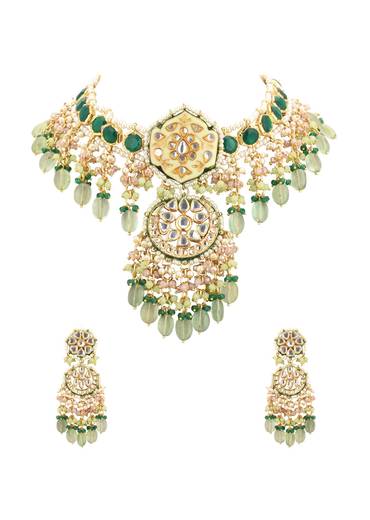 Green Toned Gold-Finish Kundan Choker Necklace Set With Colourful Meenakari Work In Mix Metal