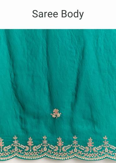 Teal Green Satin Saree With Zardosi Moti Embroidery And Scallop Border