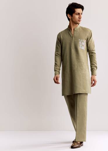 Beige Linen Kurta Set With Embroidery