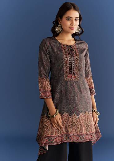 Black Satin Paisley Print Kurta Sharara With Cut Dana Embroidery