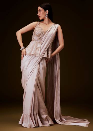 Champion Peach Sequence Embroidered Peplum Top With Saree