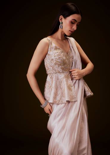 Champion Peach Sequence Embroidered Peplum Top With Saree