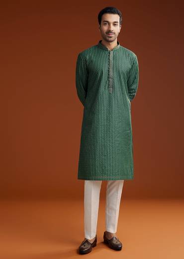 Green Banarasi Silk Kurta Pant Set