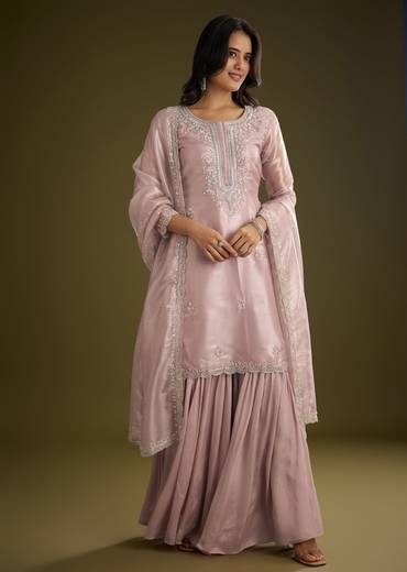 Lavender Tissue Cut Dana Beads Kurta Set With Embroidered Dupatta