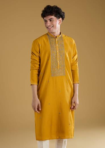 Mustard Yellow Silk Kurta Set With Thread Detail Work